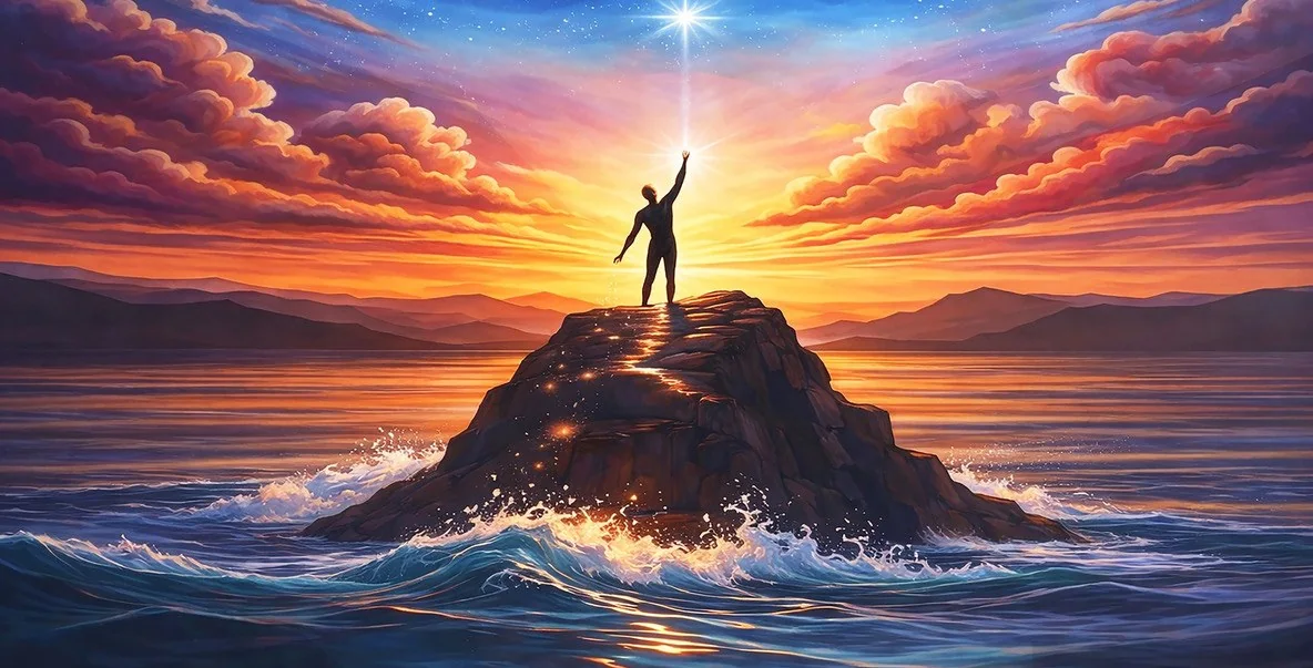 A lone figure standing above the ocean, reaching toward a star at sunrise