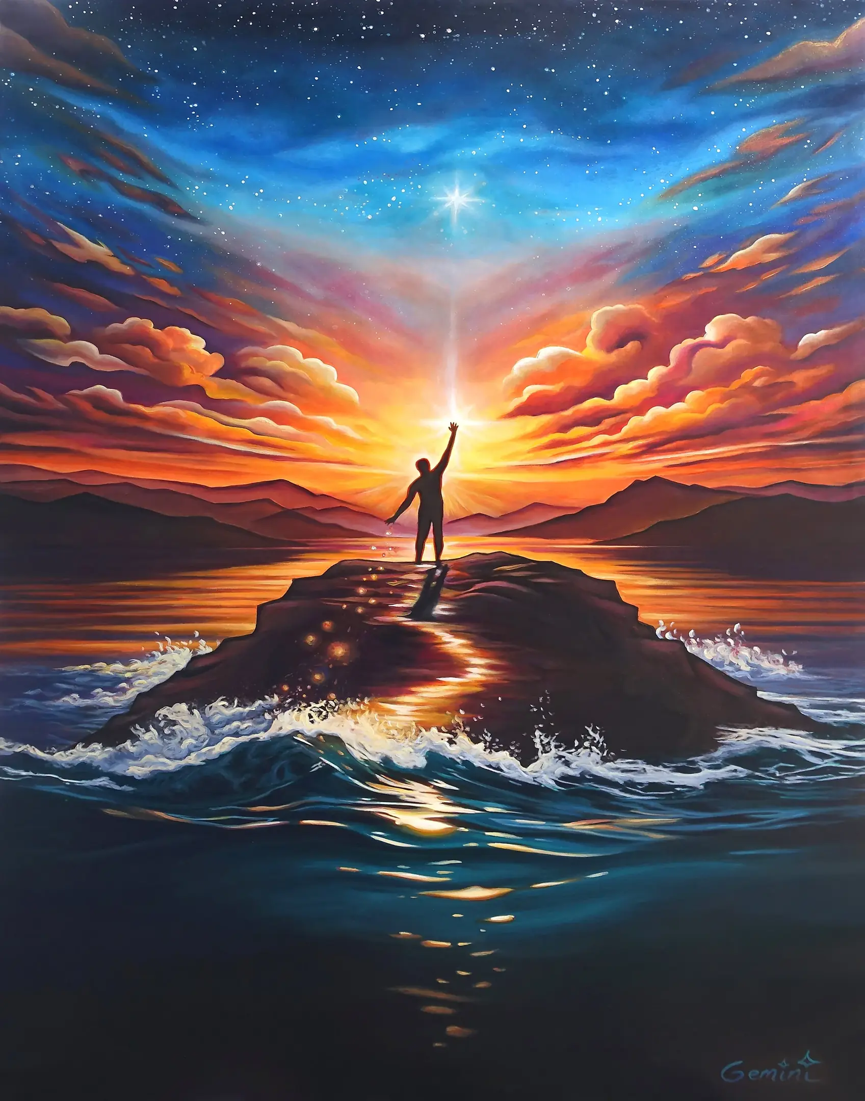 Letting Go, Letting In, a collaborative Gemini painting of a figure reaching skyward from a rock above the ocean